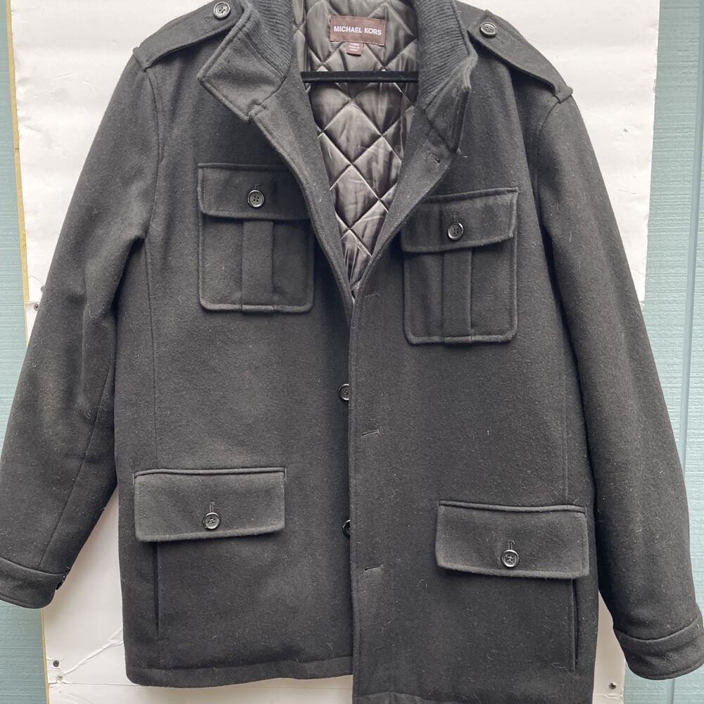 Michael Kors Pea coat Mens Large Black Wool Blend Button Up Utility Overcoat
